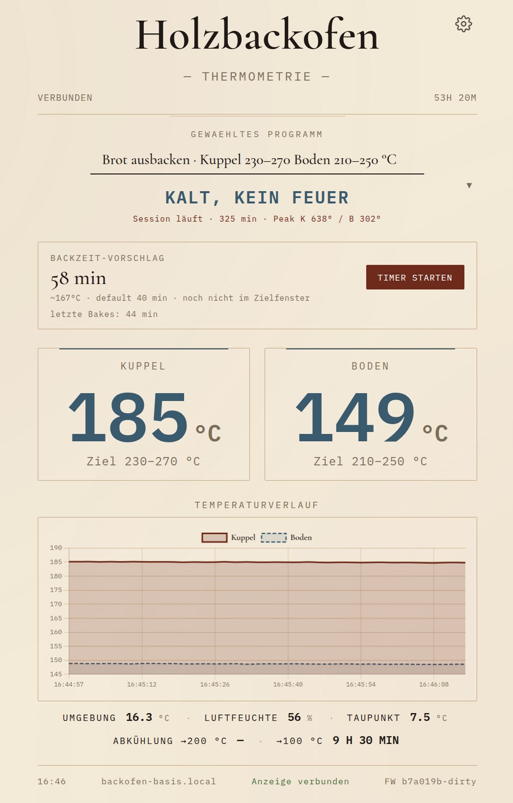 Base unit web UI: program bread finishing, bake-time suggestion, dome 185 °C, floor 149 °C, history and cooling prediction