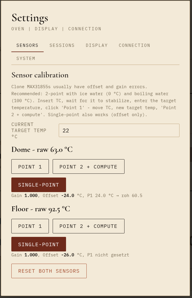 2-Punkt-Kalibrierung der Klon-MAX31855 im Web-UI
